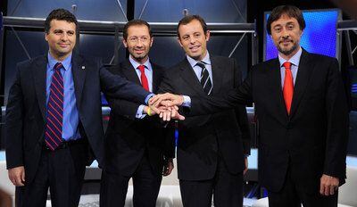 De izquierda a derecha, Jaume Ferrer, Marc Ingla, Sandro Rosell y Agustí Benedito, los cuatro candidatos a la presidencia del Barcelona.