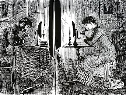 Así se imaginaba el caricaturista británico George du Maurier en 1880 cómo se podría usar el móvil para ligar. Angelito...