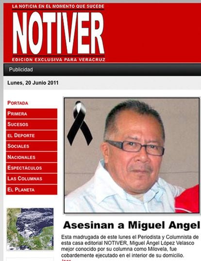 Portada de la página web del diario 'Notiver', donde trabajaba el periodista asesinado en Veracruz, Miguel Ángel López Velasco
