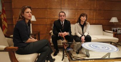 Paula Sánchez de León, Jorge Alarte y Cristina Moreno, esta mañana.