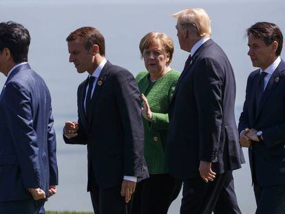 El presidente Trump con la canciller Merkel, el primer ministro Abe, el presidente y el primer ministro Conte.