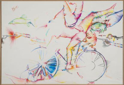 'Lick the Tire of My Bicycle', 1974. Dibujo con lápices de colores y crayón de la artista venezolana Marisol.
