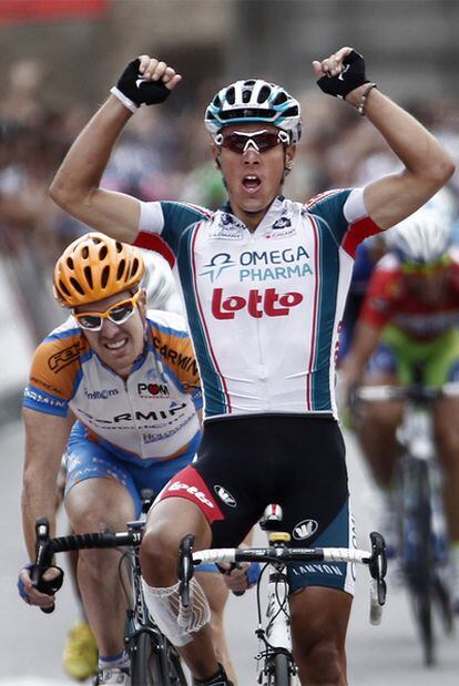 Philippe Gilbert celebra su triunfo al llegar a la meta en Toledo.
