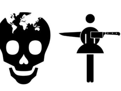 Dos calaveras, imagen recurrente que, como en México, no está ligada a la muerte. En medio, pictograma sobre la violencia contra la mujer.