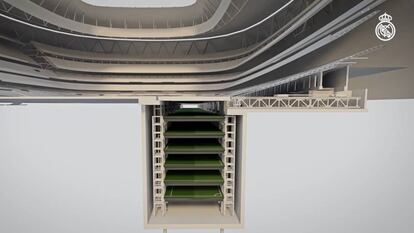Recreación virtual del invernadero que el Real Madrid construye bajo el Santiago Bernabéu para almacenar el césped y conservarlo para la celebración de eventos