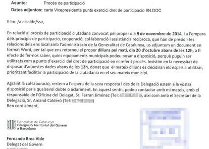 Uno de los correos electrónicos enviados por la Generalitat a los alcaldes para que colaboren con el 9-N.
