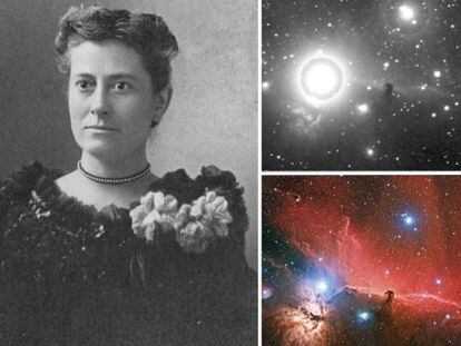Williamina Fleming hacia 1890 junto al sector de la placa, de 1888, en la que por primera vez identificó la nebulosa Cabeza de Caballo. Abajo, una toma reciente del mismo campo