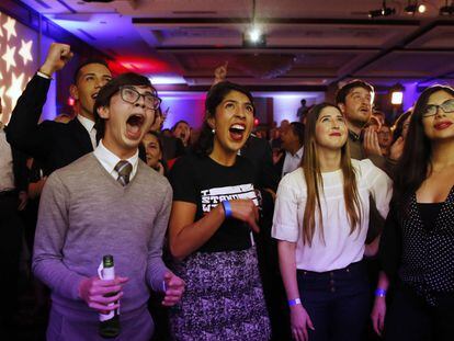 Partidarios del Partido Demócrata celebran los resultados en Washington.