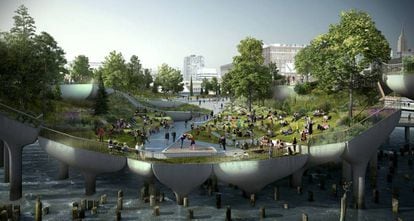 UNa recreación digital de la futura Diller Island, un jardín urbano y un ambicioso centro cultural que costará 250 millones de dólares.