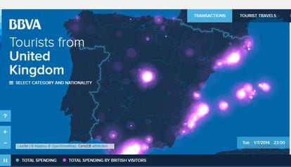 Ejemplo del mapa interactivo del estudio de BBVA. Gasto de los ingleses con tarjeta el 1 de julio de 2014 a las 11 de la noche