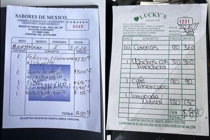 Las cuentas de dos restaurantes donde una limonada con agua mineral costó 190 y 130 pesos mexicanos, respectivamente.