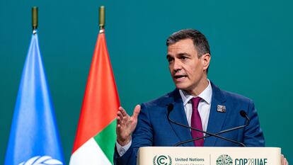 El presidente del Gobierno, Pedro Sánchez, este viernes en un acto durante la COP28, que se celebra en Dubái.