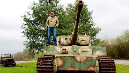 James Holland on a Tiger tank in an image from a BBC documentary.