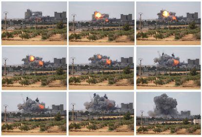 Combo de im&aacute;genes de los bombardeos sobre la ciudad siria de Manbij.