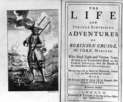 Portada de la primera edición en inglés de 'Vida y extraordinarias y portentosas aventuras de Robinson Crusoe, de York, navegante', de Daniel Defoe.
