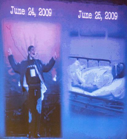 Fotos mostradas por el fiscal del caso que investiga la muerte de Jackson al principio del juicio.