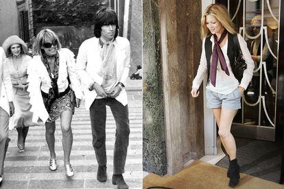 Camisa blanca, pañuelo al cuello y shorts/minifalda. La combinación que lució Pallenberg en los 70 es recurrente en el armario de Moss. Así lo llevaba la top model en 2006.