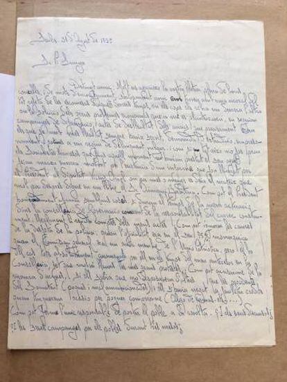 Carta de Josep Dencàs a Carles Pi i Sunyer, de 1935, on es queixa de l’actitud de Lluís Companys davant els Fets d’Octubre.