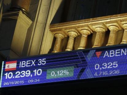 Monitor informativo en la bolsa de Madrid que muestra el principal indicador de la Bolsa espa&ntilde;ola.
