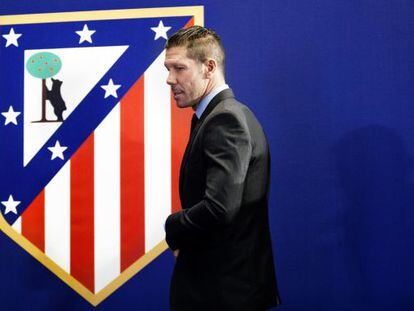 Simeone, durante el acto de su renovación por el Atlético hasta 2020.