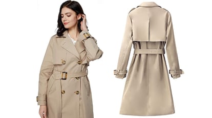 The wide belt of this feminine trench coat can be easily adjusted using two of its holes.