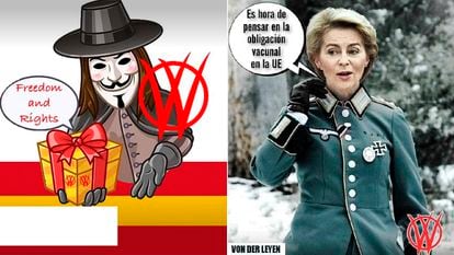 Memes extraídos del canal de Telegram de Viral_Vendetta con dos de sus reclamos favoritos: la película "V de Vendetta" y acusar de nazi a todo individuo que pertenece al "sistema".