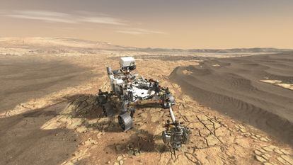 Representación del vehículo 'Perseverance' de la NASA explorando el cráter Jezero de Marte.