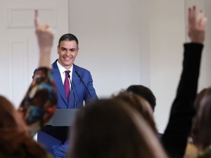 El presidente del Gobierno, Pedro Sánchez, durante la rueda de prensa de balance de año celebrada este miércoles en La Moncloa.