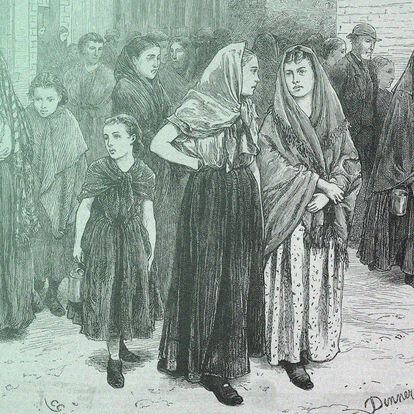 Trabajadoras de una fábrica de algodón de Manchester en 1872.