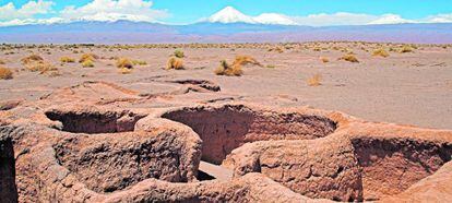 Ruinas del pueblo Aldea de Tulor, desierto de Atacama, norte de Chile, Sudamérica.