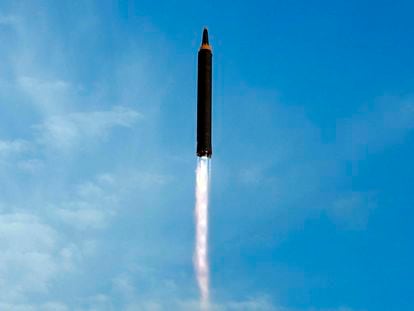 FILE - This undated photo distributed on   Sept. 16, 2017, by the North Korean government shows what was said to be the test launch of an intermediate range Hwasong-12 in North Korea. North Korea on Tuesday, Oct. 4, 2022 fired an intermediate-range ballistic missile over Japan for the first time in five years. Japanese Defense Minister Yasukazu Hamada said one launched Tuesday could be the same as the Hwasong-12 missile that North has fired four times in the past. The content of this image is as provided and cannot be independently verified. (Korean Central News Agency/Korea News Service via AP, File)