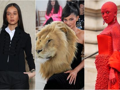 De izquierda a derecha, Victoria Federica de Marichalar y Borbón, la empresaria Kylie Jenner y la cantante Doja Cat, el 23 de enero de 2023 en la semana de la Alta Costura de París.