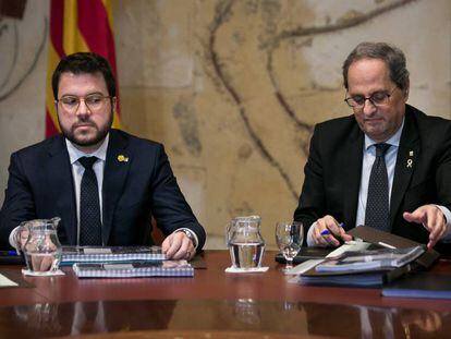 El vicepresident i el president del Govern, Pere Aragonès i Quim Torra, en la reunió de dimecres.