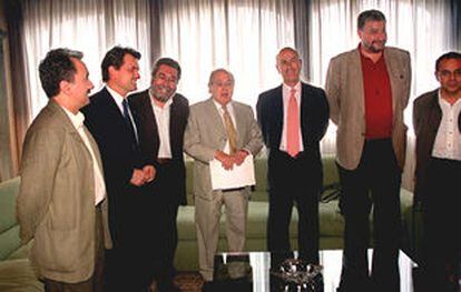 Jordi Pujol y la cúpula de CiU, ayer, en su reunión con Cándido Méndez y José María Fidalgo.