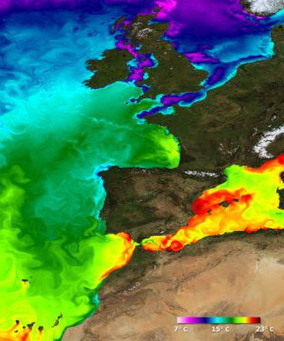 Temperaturas del mar en torno a la pen&iacute;nsula Ib&eacute;rica medidas desde sat&eacute;lite.