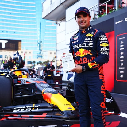 BAKU, AZERBAIJAN - APRIL 29: Sprint winner Sergio Perez of Mexico and Oracle Red Bull Racing celebrates in parc ferme  during the Sprint ahead of the F1 Grand Prix of Azerbaijan at Baku City Circuit on April 29, 2023 in Baku, Azerbaijan. (Photo by Mark Thompson/Getty Images)
