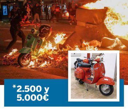 Una Vespa clásica como la que están quemando en la imagen puede costar de segunda mano, dependiendo de su estado, entre 2.500 y 5.000 euros.