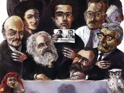 'Teoría crítica', obra de Rainer Ehrt en la que aparecen caricaturas de miembros de la Escuela de Fráncfort. De arriba abajo y de izquierda a derecha, Horkheimer, Adorno, Marcuse, Lenin, Luxemburgo, Gramsci, Benjamin, Marx, Engels y Bloch. 