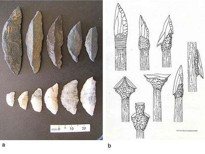 Herramientas de piedra de hace 60.000 años halladas en Suráfrica y reconstrucción de las lanzas que se fabricaban con ellas.