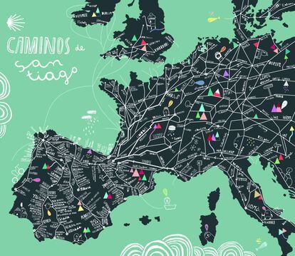 'Come All the Way! (Caminos Santiago)', un plano que marca las diferentes rutas europeas para llegar a Santiago de Compostela.