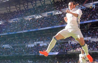 La celebración de Bale tras el segundo gol al Leganés.