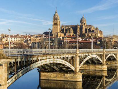 Vista de Salamanca con la Catedral y el puente sobre el río Tormes.