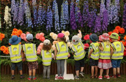 Un grupo de niños visitan el Palace Flower Show de Hampton Court, en Londres, que es la mayor exposición de jardinería en el Reino Unido.