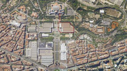 Imatge aèria de Montjuïc, amb la idea que es planteja el mateix MNAC sobre la seva ampliació, en traç vermell.