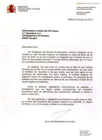 Notificación del CSD al Tizona Burgos en la que el Consejo explica que “carece de competencia” para actuar en el caso