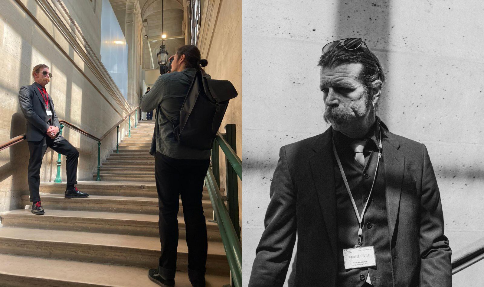 A la izquierda, David Fritz Goeppinger sacando un retrato al líder de la banda Eagles Of Death Metal, Jesse Hughes a l interior del Palacio de Justicia de París. A la derecha, la fotografía de Hughes de David Fritz Goeppinger.