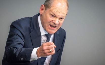 German Chancellor Olaf Scholz during his speech in the German Parliament on Wednesday.