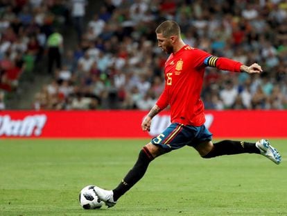 El defensa de la selección española, Sergio Ramos, durante un encuentro amistoso preparatorio para el Mundial de 2018.
