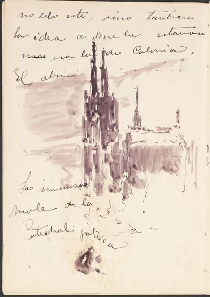 La representación de escenas urbanas es otro de los temas recurrentes del valenciano. Van desde las notas de color de la calle de París que veía desde uno de los hoteles donde se alojaba, hasta este dibujo a tinta de la catedral de Colonia, acompañada de anotaciones. Gracias a los dibujos que realizó en el tren y a las imágenes de las ciudades alemanas se ha podido documentar un viaje de Sorolla a Berlín.