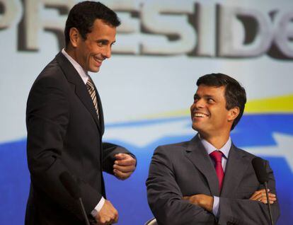 Henrique Capriles y Leopoldo L&oacute;pez, el lunes en Caracas.